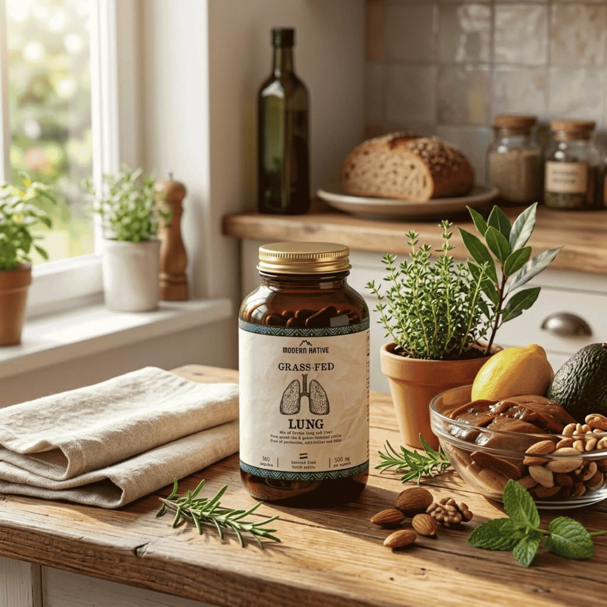 Hnědá skleněná dóza Modern Native Grass-Fed Lung v čistě laděném prostředí s přírodními surovinami.